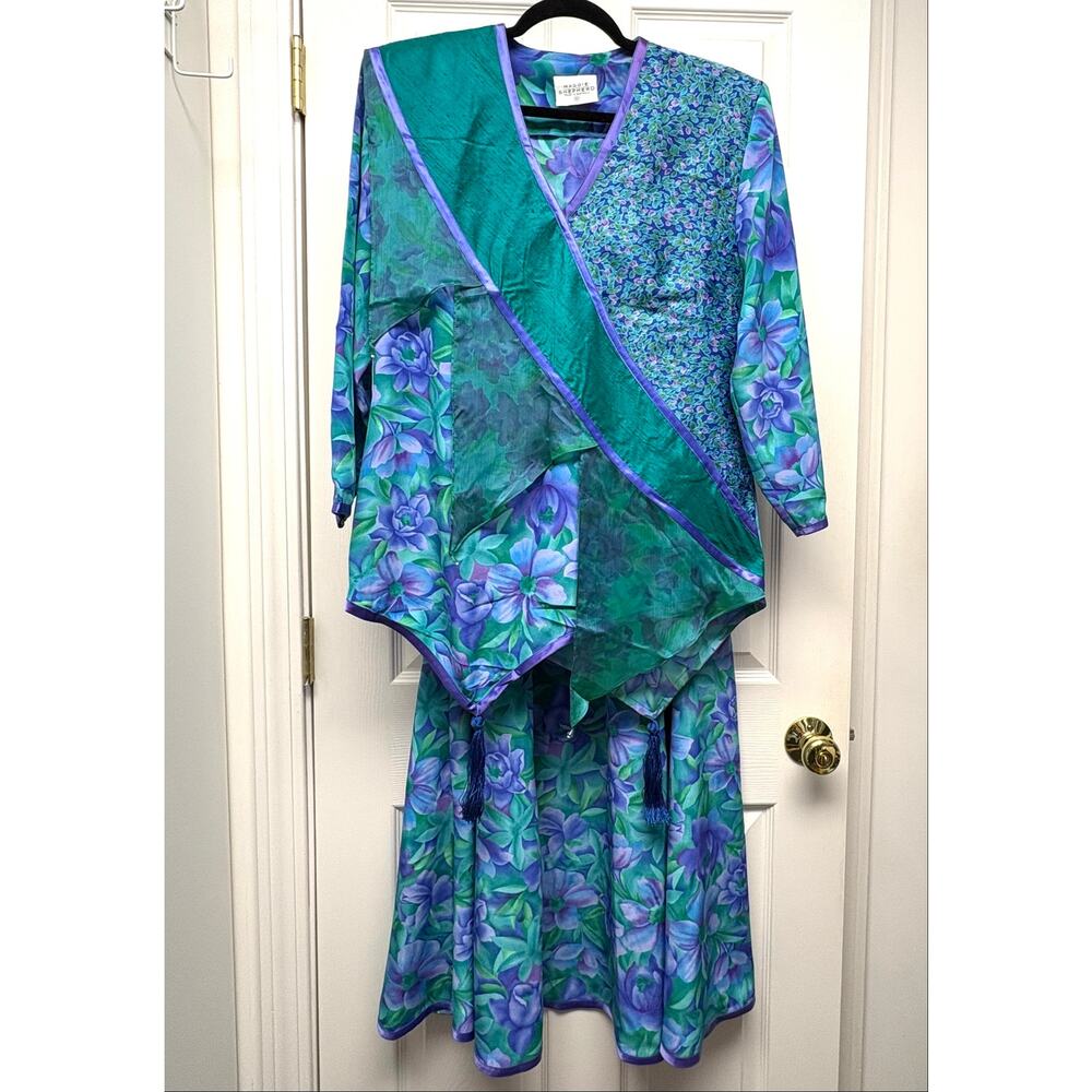 Maggie Shepherd Skirt Suit Vintage 80s Floral Boho Green Purple Artsy Size M
